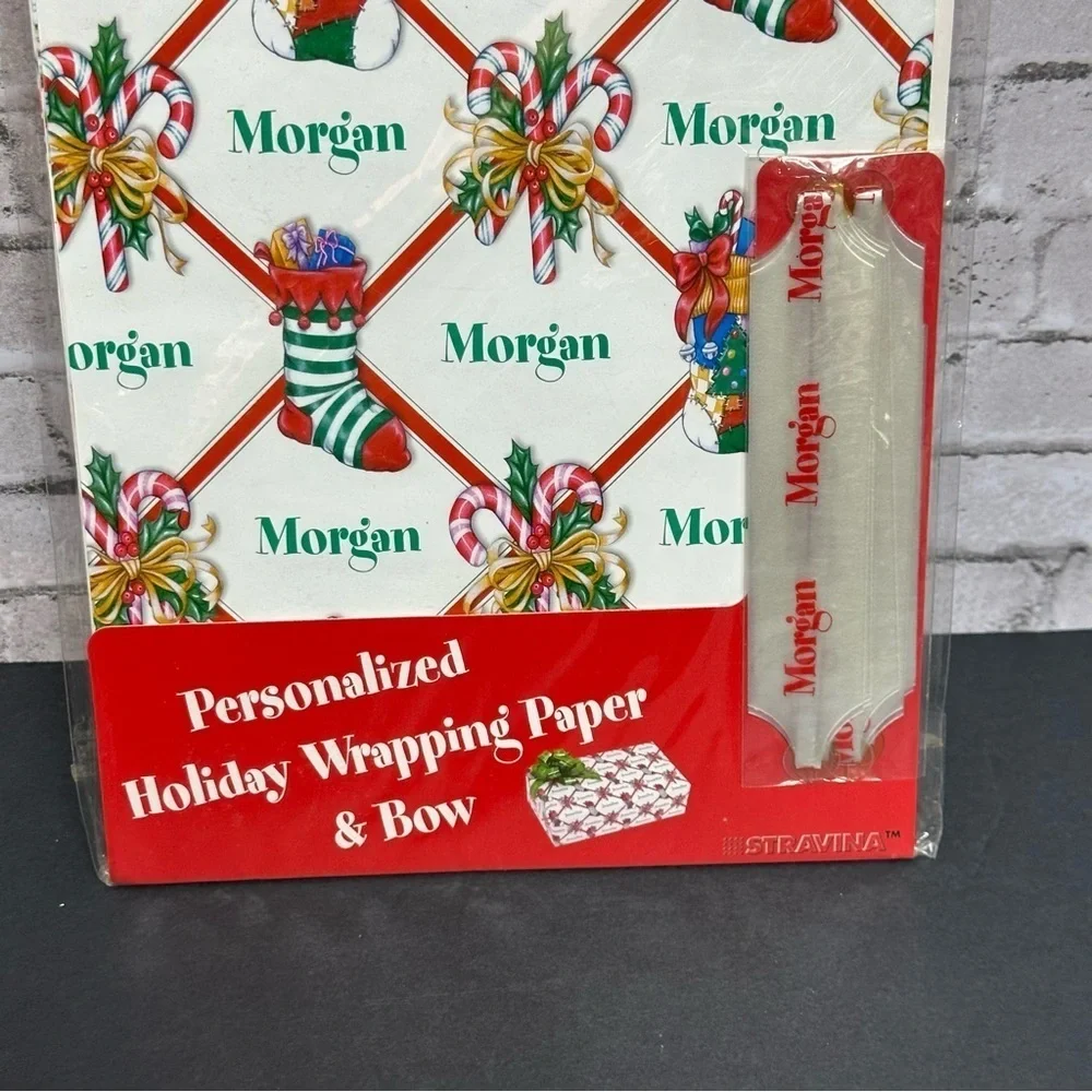 Holiday Red Christmas Wrapping Paper & Pull Bow Personalized MORGAN Stravina NOS
